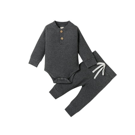 

Domingbub Newborn Baby Boy Girl Outfits Solid Long Sleeve Button Romper Tops Pants Knitted 2Pcs Clothes Set Dark Grey 6-12 Months