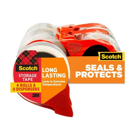 Scotch Long Lasting Storage Packaging Tape with Dispenser, Clear, 1.88 in x 38.2 yd, 4 Rolls and Dispensers