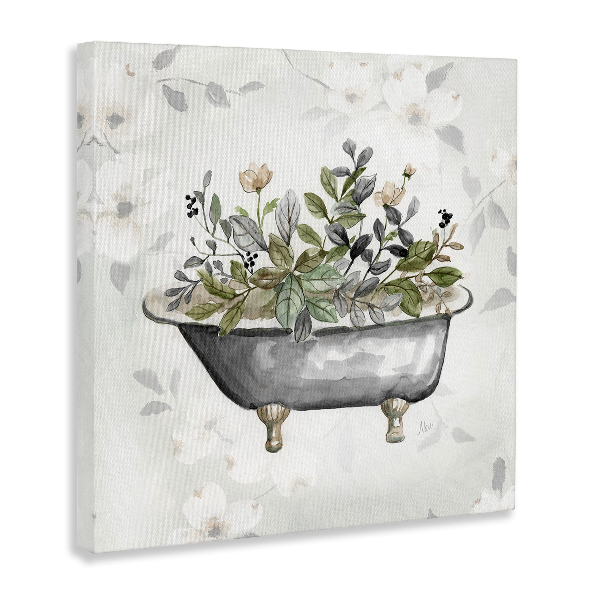 Stupell Industries Leaf Patterned Tub Typography Painting Gallery Wrapped Canvas Art Print Wall Art, 36 x 36