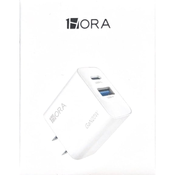 1HORA GAR161 2-Port Super Fast Charger - Type C & USB A, 20W Fast Charging, Lightweight Cable Accessory for Phones, Tablets, Android Devices, White