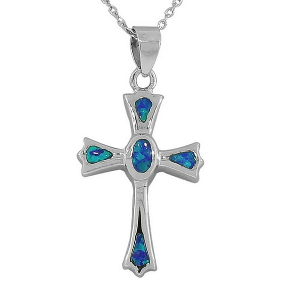 925 Sterling Silver Latin Religious Cross Blue Turquoise-Tone Simulated Simulated Opal Pendant Necklace