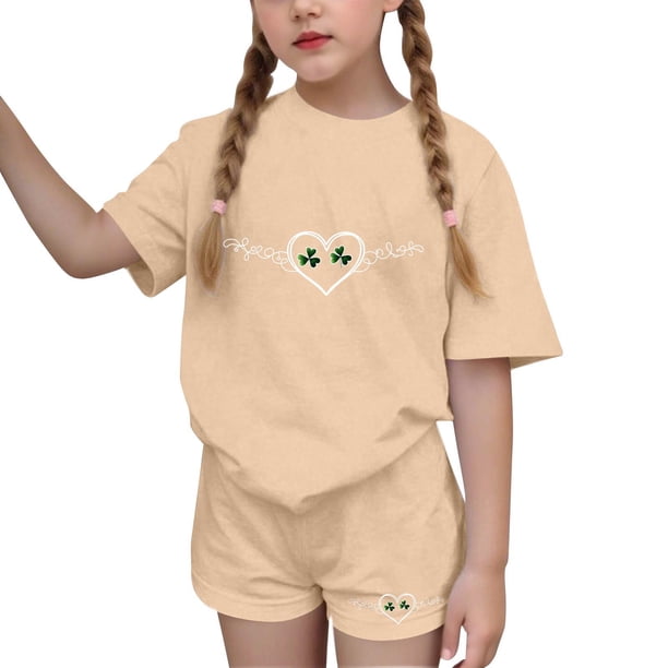 Vestido de manga corta para niños Día de San Patricio impreso manga corta cuello redondo y pantalones conjunto, vestido de niños casual