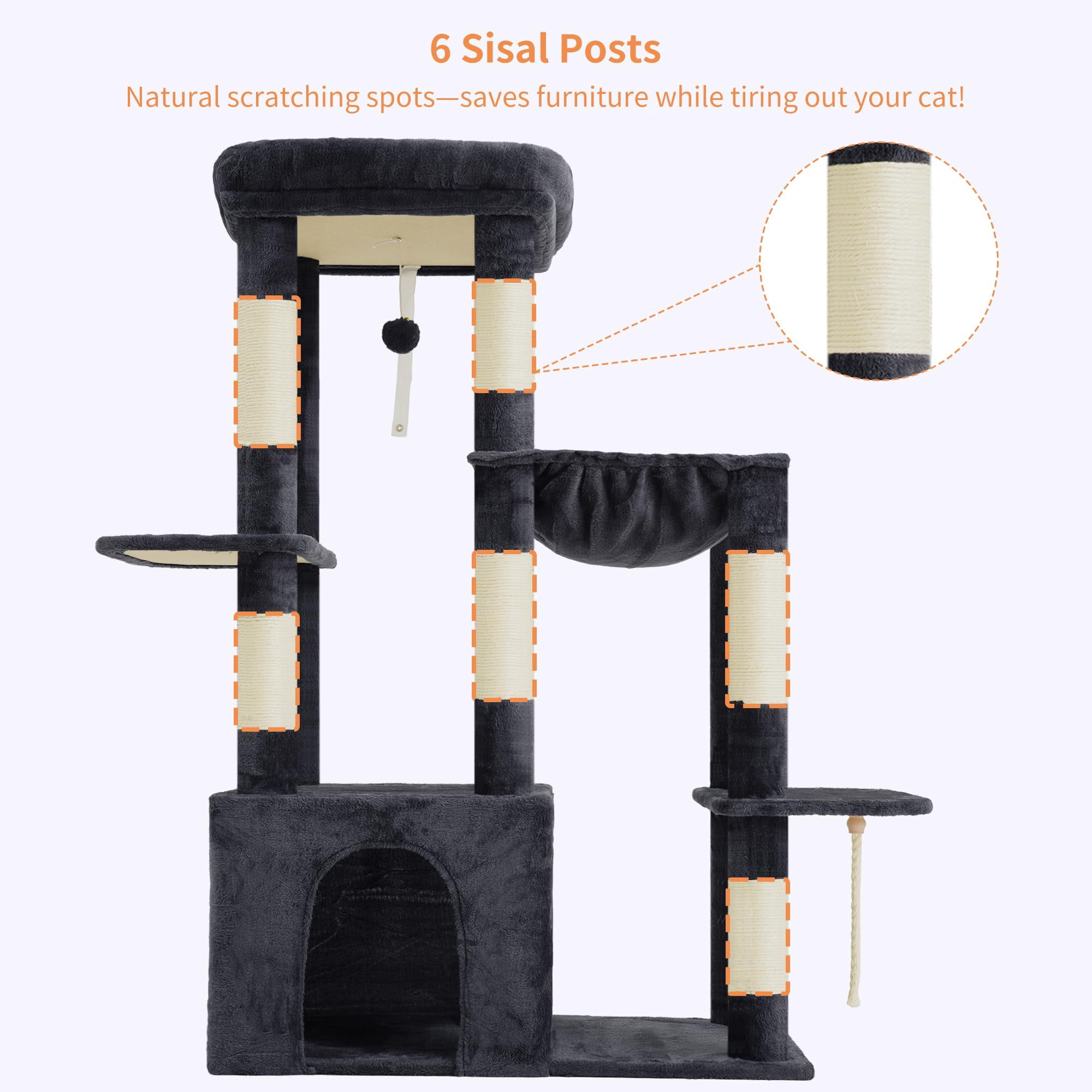 Heavy Duty Cat Tree  Tower For Indoor Cats Large Adult Tall Condo House With Extra-large Baseboard Multi-level Plush Furniture Posts Hammock Balls Smoky Gray Hct026g