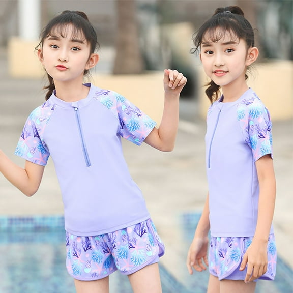 ATOGUTA Girls One-Piece Swimsuits Cute Swimwear Beach Two Piece Bathing Suit Girl Swimsuit Light Blue, Size 6-12 Years
