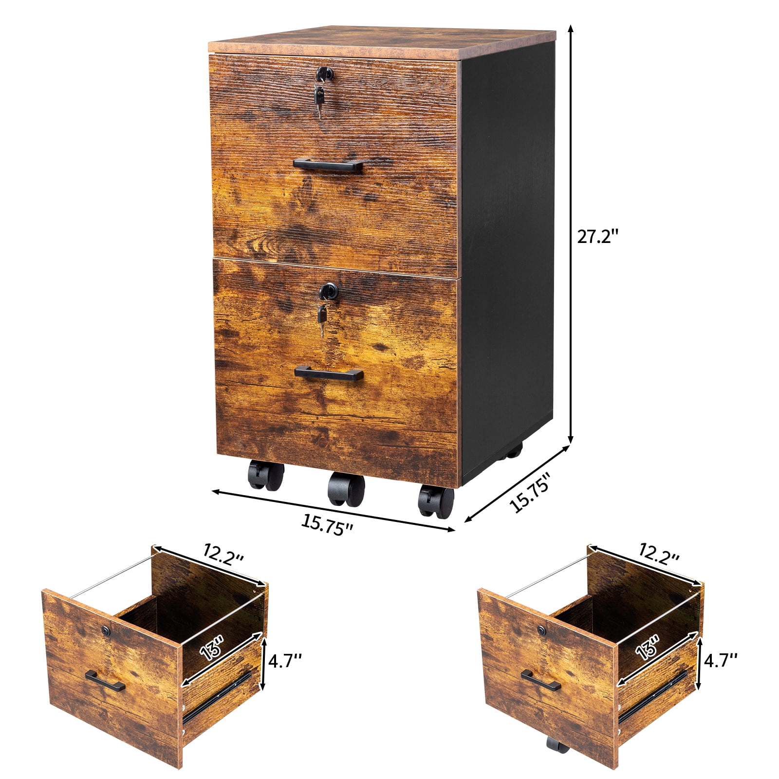 2-Drawer File Cabinet, Mobile Under Desk Storage Cabinet with Lockable Casters, Full Extension Drawer Slides, P2 Wood Office Filing Cabinet for Home Office Kitchen