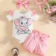 thumbnail image 4 of HCNTES Infant Baby Girl Elephant Print Ruffle Sleeve Romper & Heart Dot Shorts with Bow Headband 3Pcs Cute Outfit Set 0-18M, 4 of 6