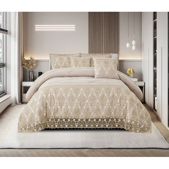 Elegant Beige Floral Lace Embroidered King Size 3‑Piece Comforter Bedding Set