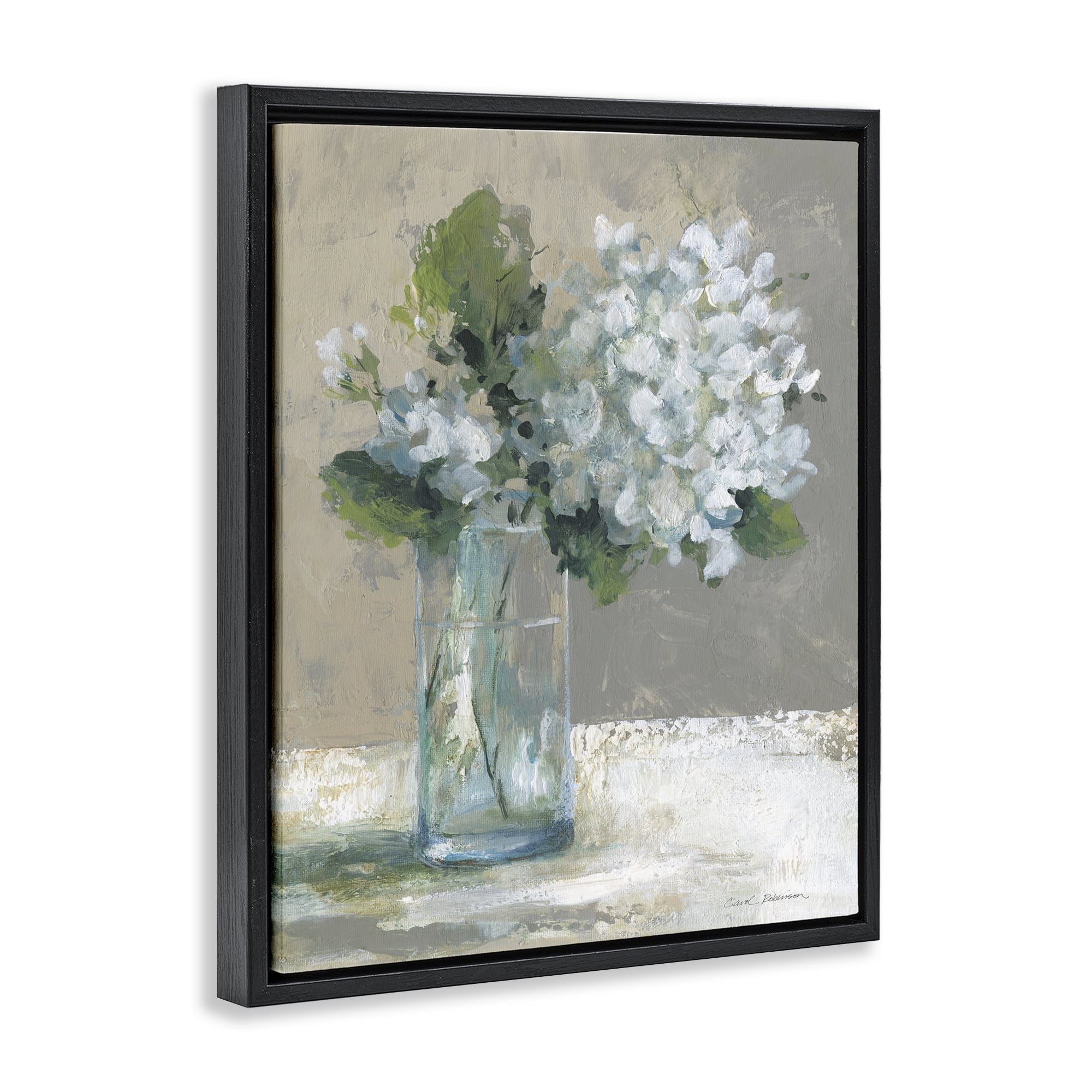 Stupell Industries Serene White Hydrangeas in Glass Black Framed Floater Canvas Wall Art, design by Carol Robinson