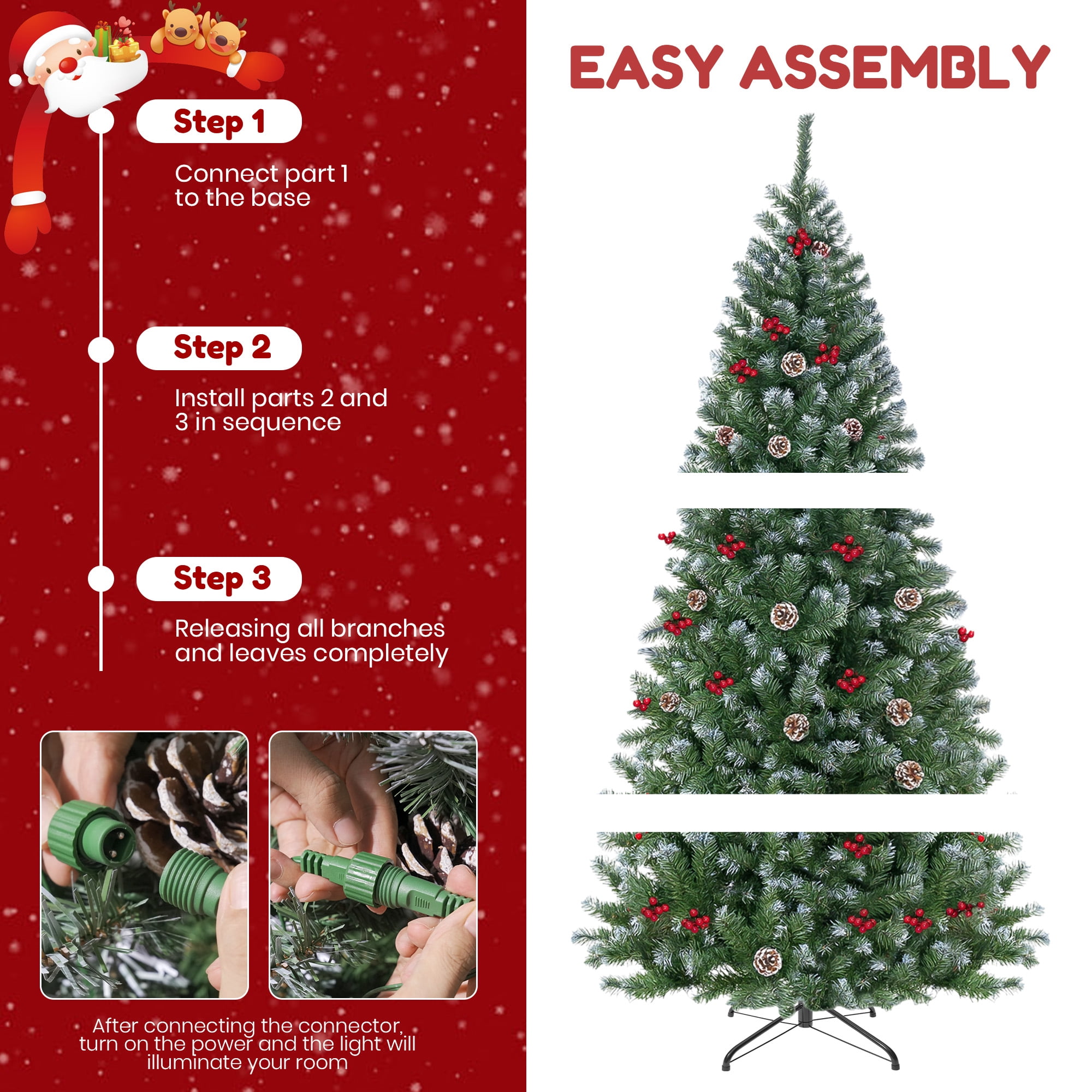 GVDV 6FT Pre-Lit Berry Christmas Tree, Artificial Snowflake Christmas Tree with 300LED Warm White Lights, Pine Cones & Top Star, Xmas Holiday Decor, Metal Hinges Easy Assembly