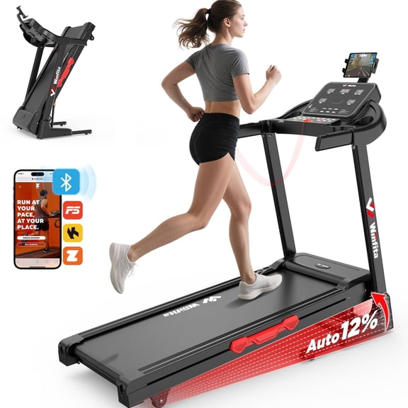 Winfita Folding Treadmill with Automatic Incline, High Incline Treadmill, 3.5HP, 12% Max Incline, 300LB Capacity, 0.6-8MPH