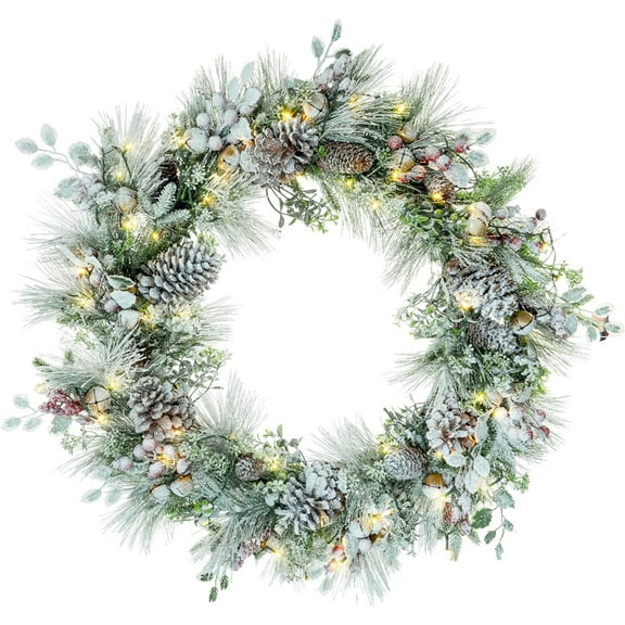 Red Co 30” Flocked Artificial Wreath Decorated Jingle Bells & LEDs Battery-Operated