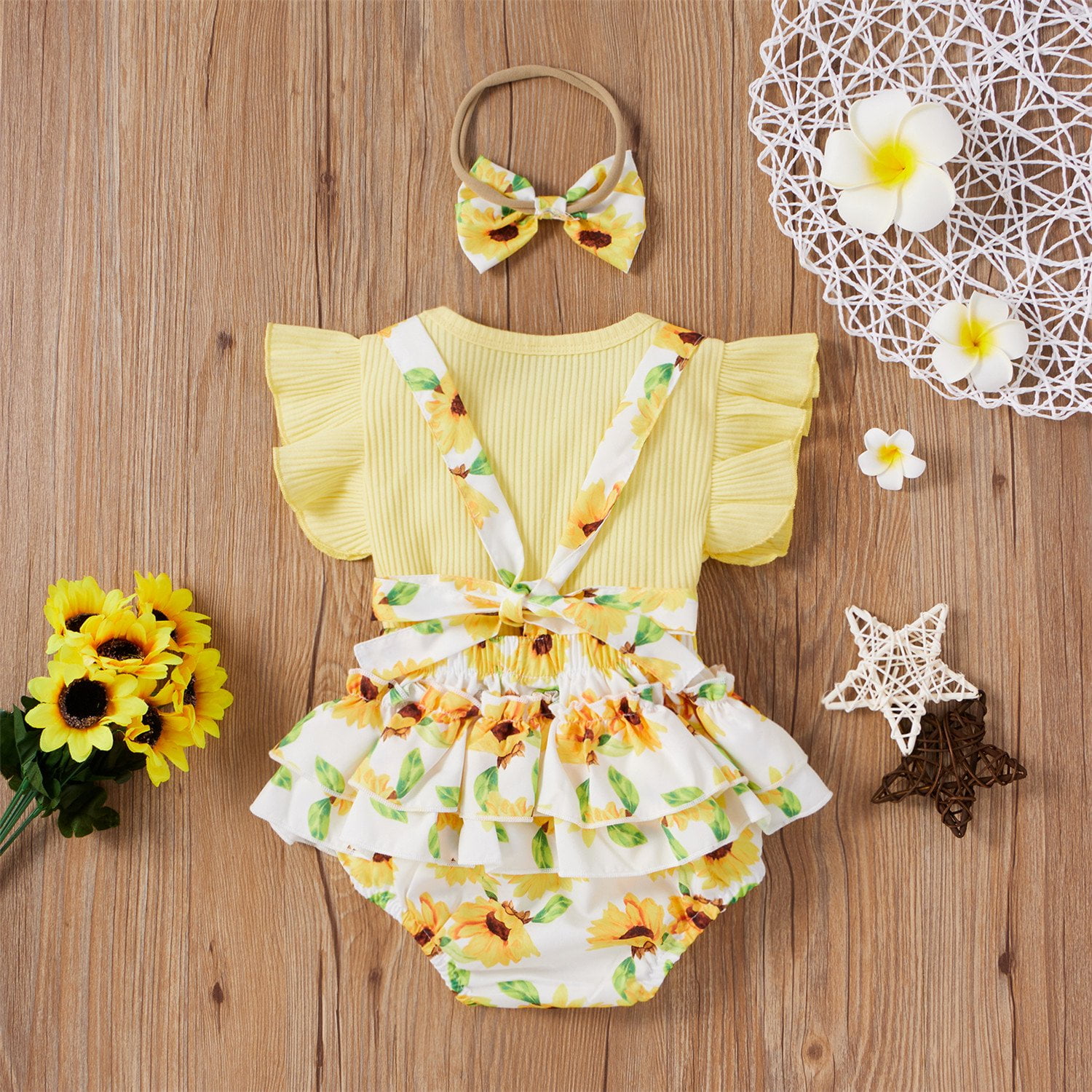 Izhansean 3PCS Newborn Baby Girl Summer Clothes Floral Romper Jumpsuit Shorts Outfits Set Yellow 3-6 Months