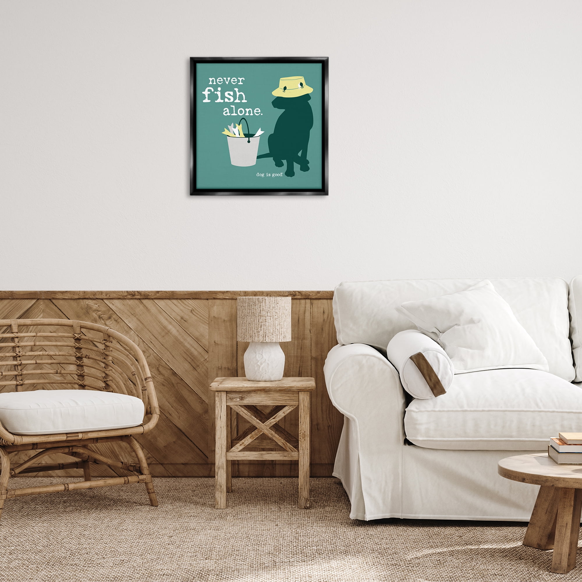 Stupell Industries Never Fish Alone Dog Animals Painting Black Floater Framed Canvas Art Print Wall Art, 25 x 25