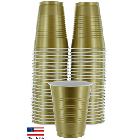 Amcrate Gold Colored 16-Ounce Disposable Plastic Party Cups - Ideal for Weddings, Party’s, Birthdays, Dinners, Lunch’s. (Pack of