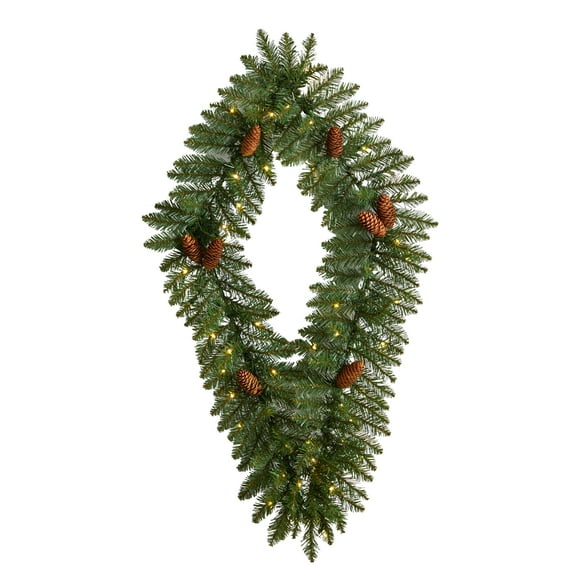 Nearly Natural Christmas Geometric Diamond PVC Holiday White Prelit LED Battery Operated Wreath, with Pinecones 20" (Green)