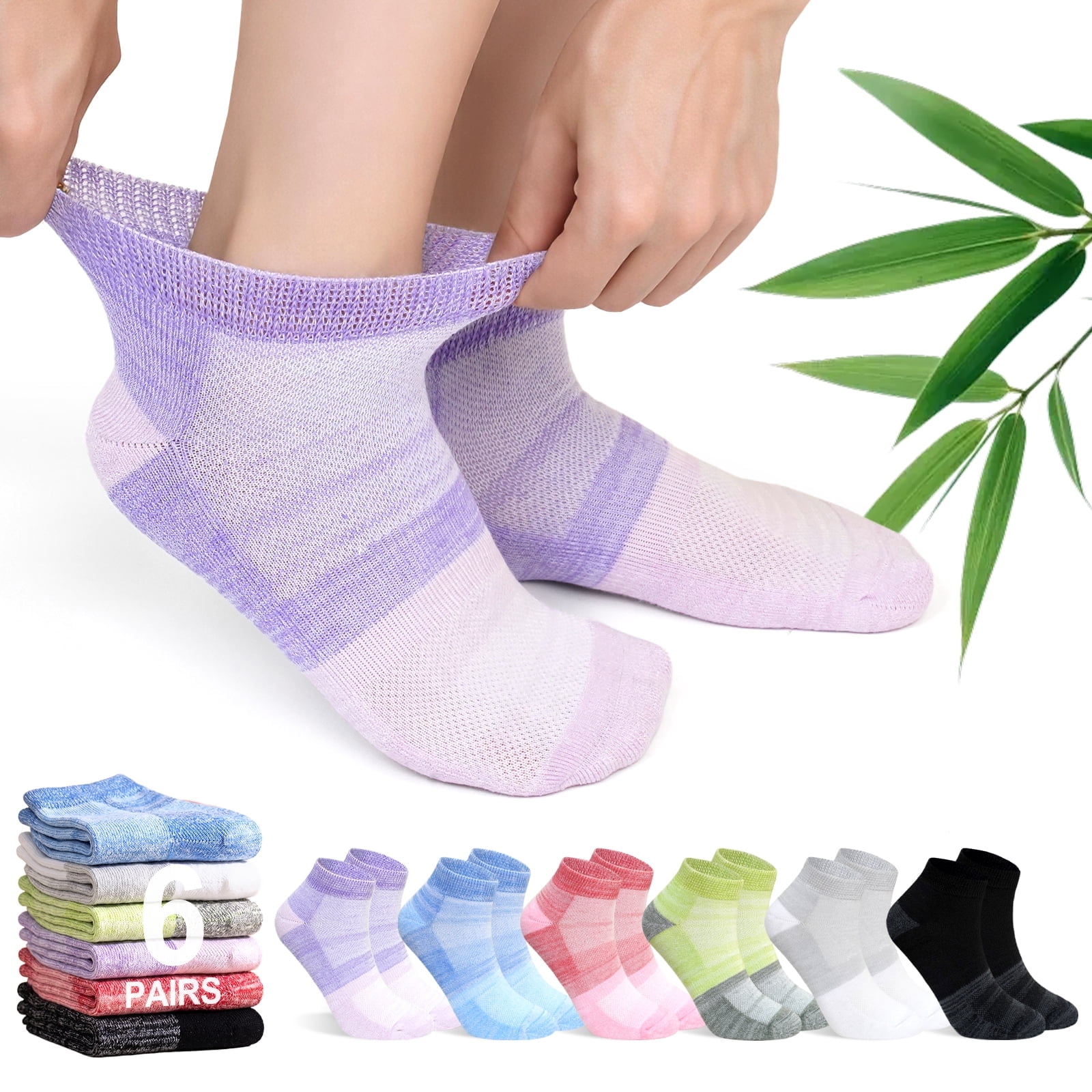 UNEEI Bamboo Viscose Diabetic Ankle Socks: Wide Calf Diabetic Socks with Seamless Toe - 6 Pairs Non Binding Neuropathy Socks for Women Men, Size 9-11