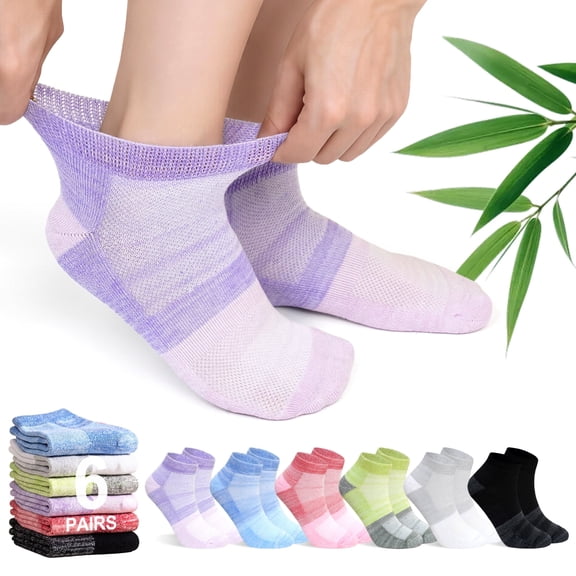 UNEEI Bamboo Viscose Diabetic Ankle Socks: Wide Calf Diabetic Socks with Seamless Toe - 6 Pairs Non Binding Neuropathy Socks for Women Men, Size 9-11