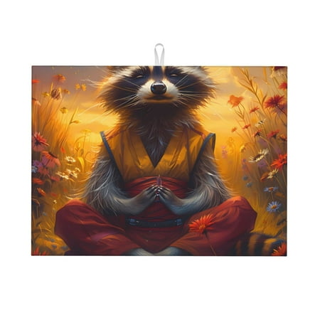 

Tebeau Sunset Flower Meditating Raccoon Print Dish Drying Mat for Kitchen Counter Dish Drying Pad with Non-slip Rubber Backed Hide Stain Anti Absorbent for Kitchen Counter Drying Mat