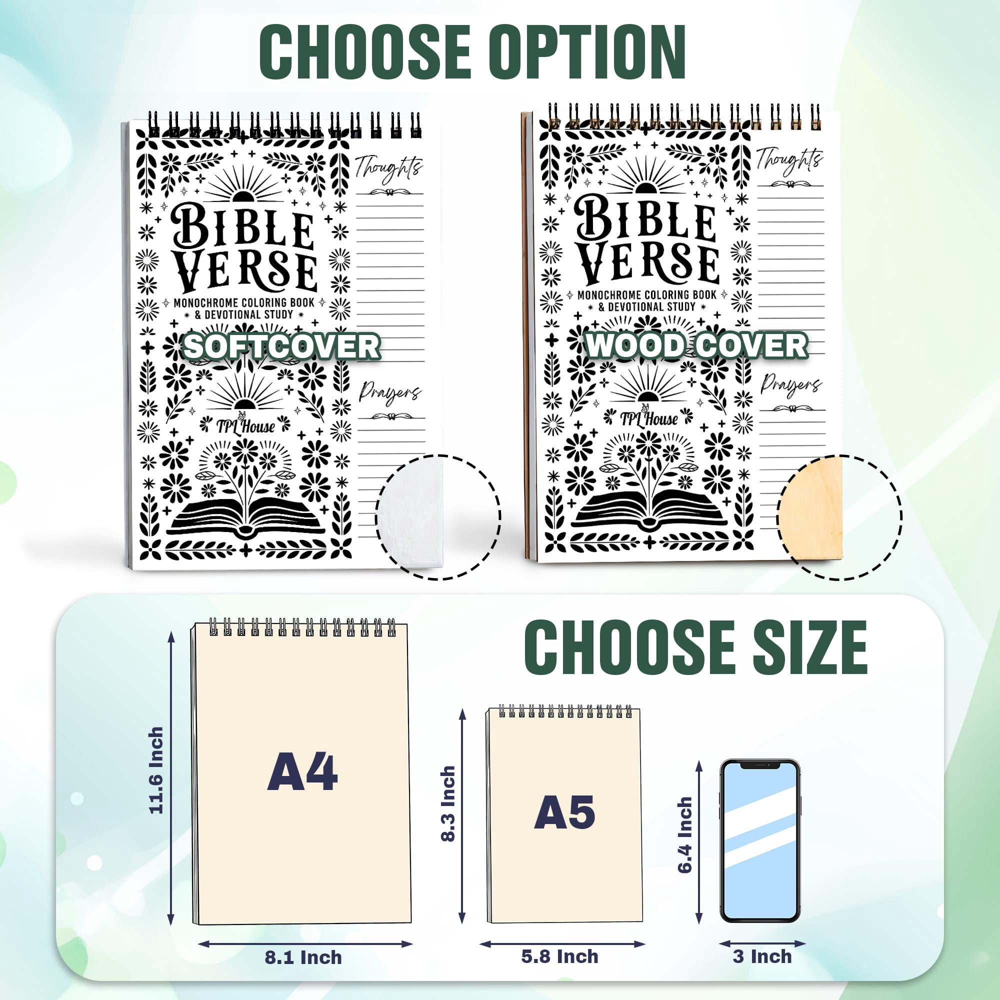 Monochrome Bible Verse Coloring Book for Adults, 30 Minimalist Scripture Art Pages with Reflection & Prayer Space, Spiral Bound, A4 or A5 Softcover or Wood Cover
