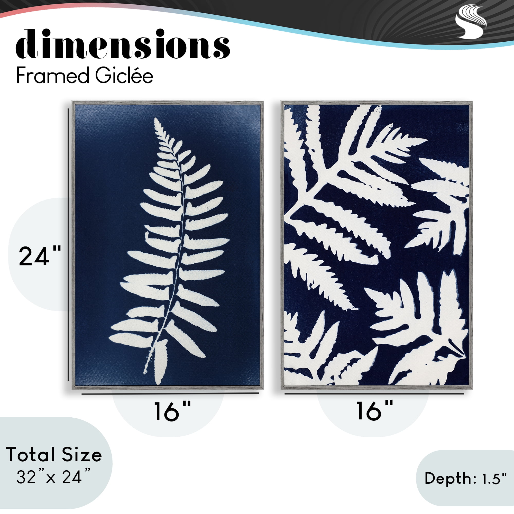 Stupell Industries Fern Leaves on Indigo 2 Piece Gray Framed Giclee Art Set, design by Lynn Byrd