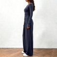 thumbnail image 4 of NMMUED Comfy Lounge Sets for Women Long Sleeve Surplice Tunic Pleated Wide Leg Pants 2 Piece Outfits Casual Vacation Suit Dark Blue S, 4 of 8