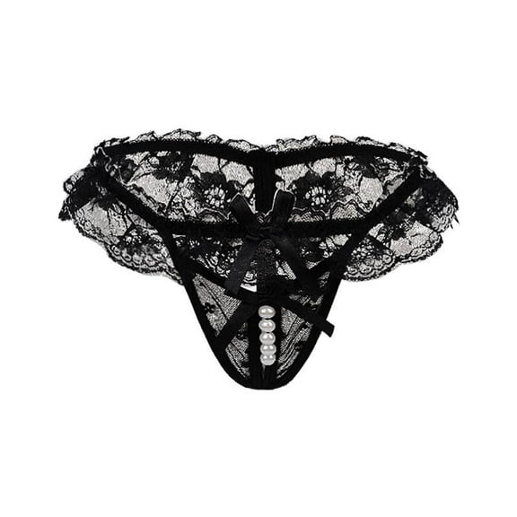 Sunvit-Panties Juniors Black Size M Pearl Detailed Lace Thong - Nylon-Spandex, Bow Accent, Low-Rise Semi-Sheer Sexy Intimate Underwear