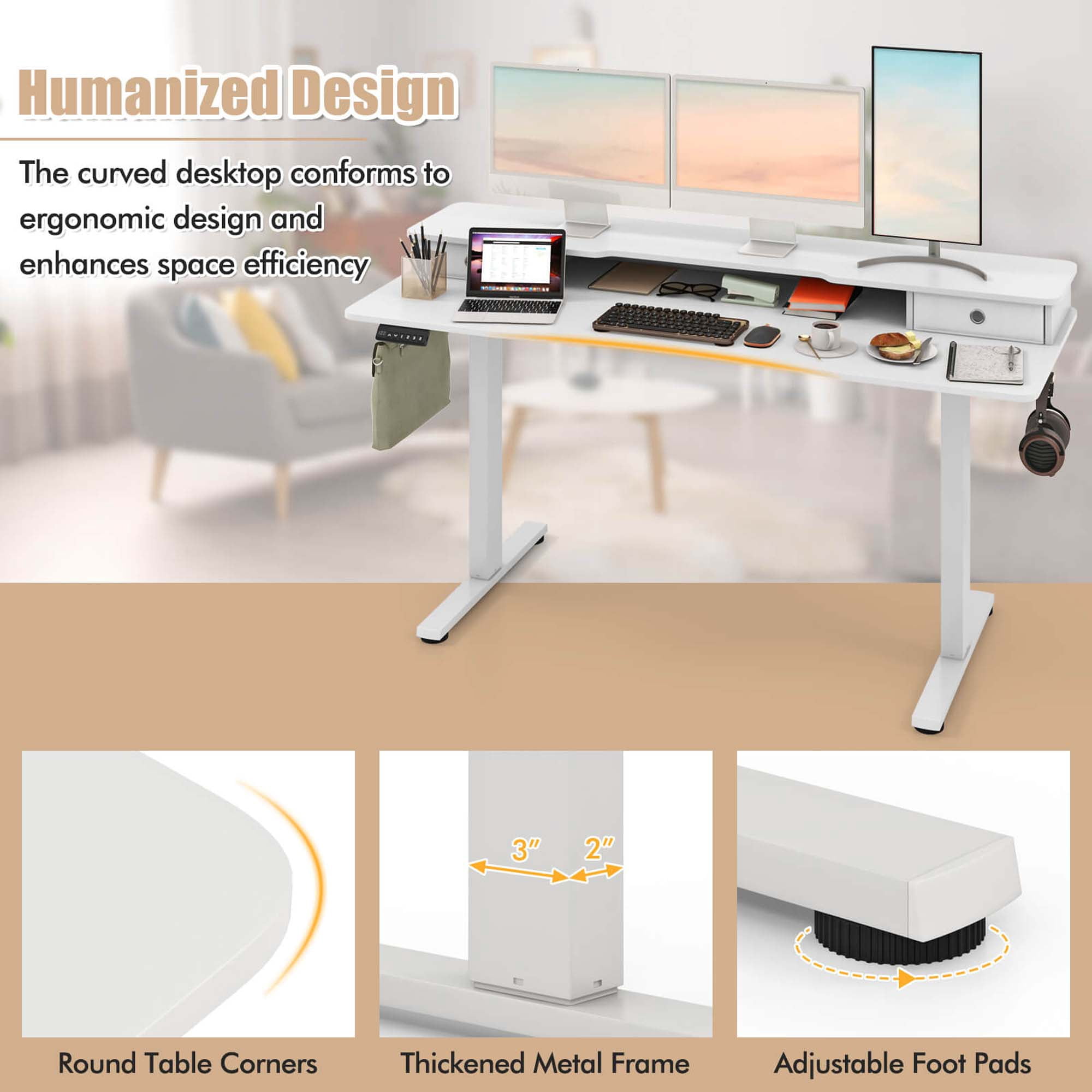 Costway 63" x 24" Electric Standing Desk with 2 Drawers Monitor Stand Storage Shelf White