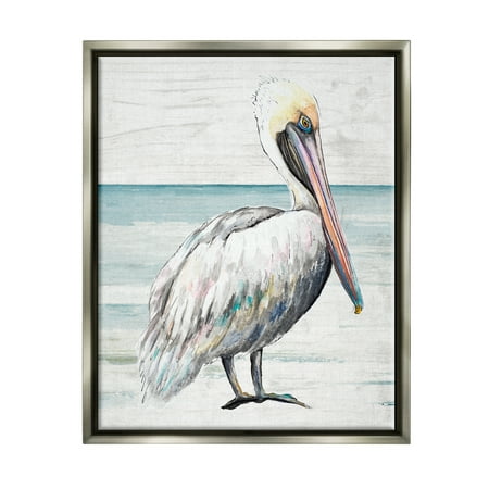 Stupell Industries Rustic Pelican Bird Beach Shoreline Portrait Graphic Art Luster Gray Floating Framed Canvas Print Wall Art, Design by Patricia Pinto