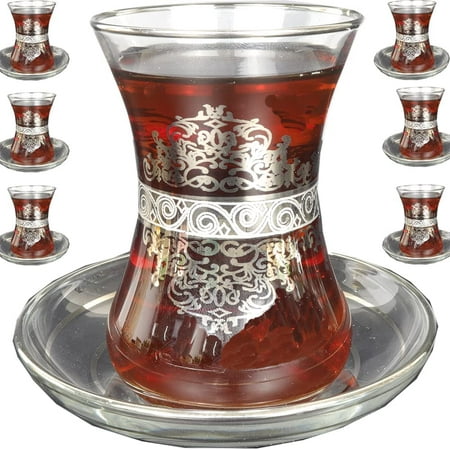 

Turkish Tea Glasses Cups Set of 6 Saucers Glassware Drinking Arabic Moroccan Decorative Silver for Kettle Teapot Teacups Serving Fancy Tray Women Adults Party Gift Mothers Day
