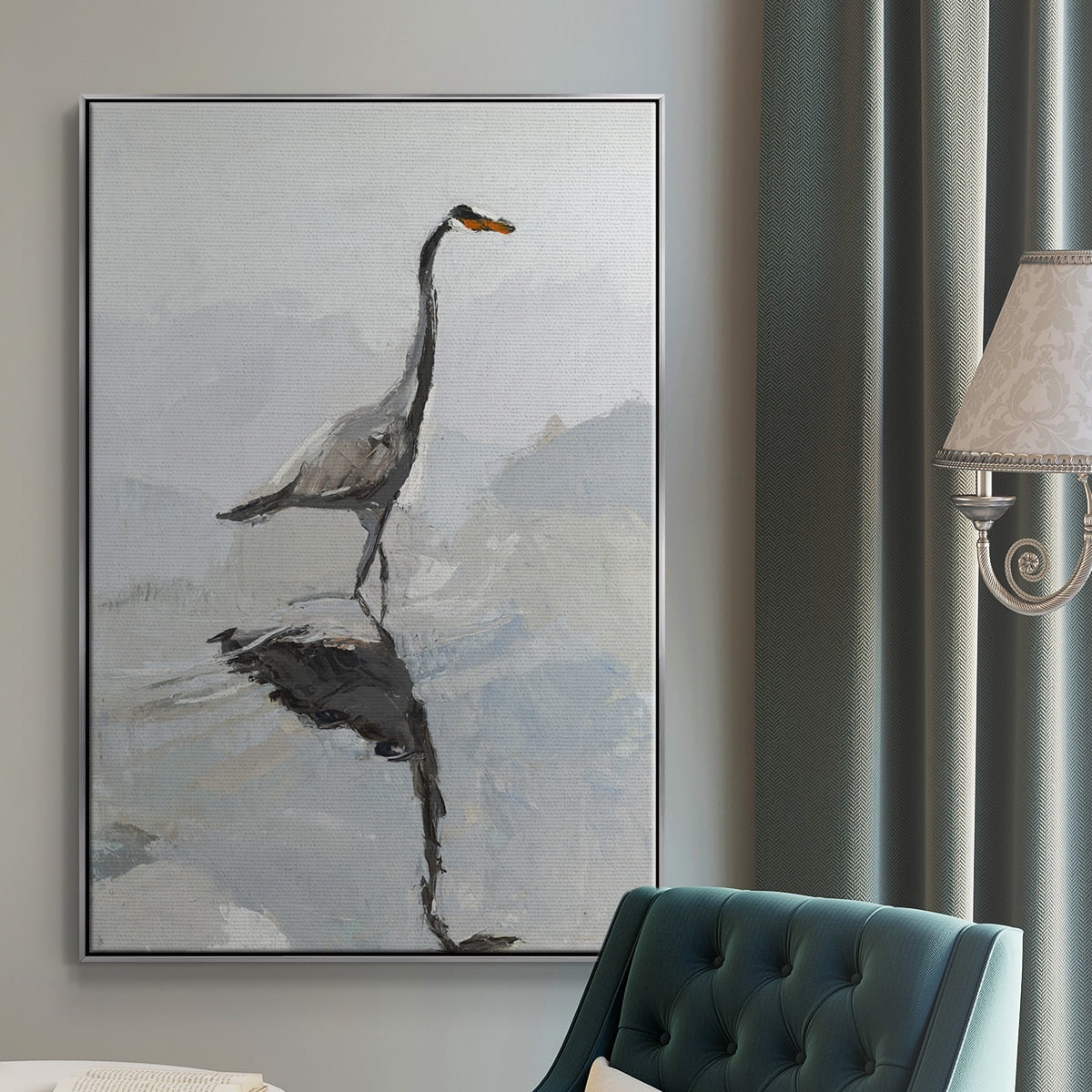 Heron Framed Premium Gallery Wrapped Canvas - Ready to Hang - 27 x 41 - Silver Floating Frame