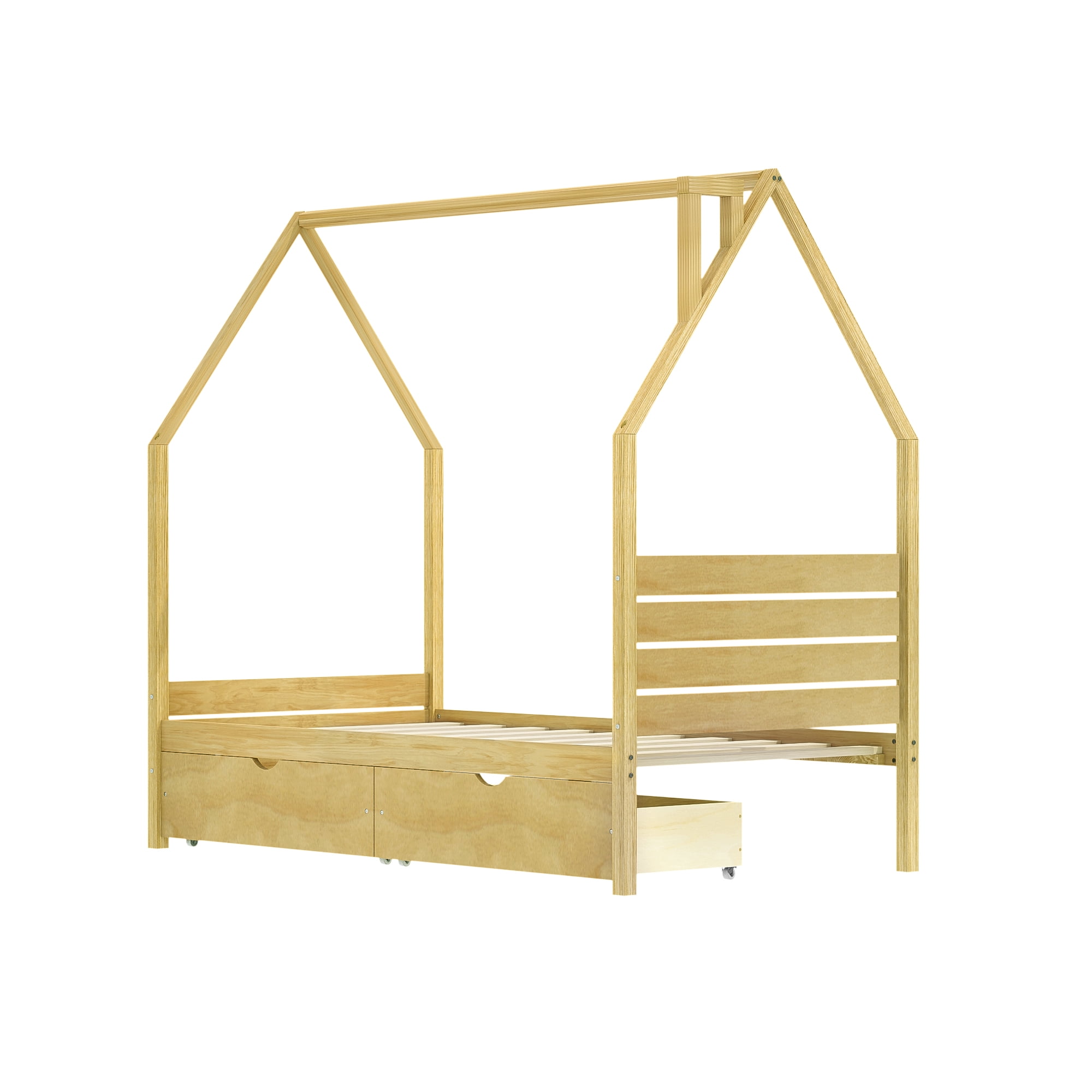 Mintazer Twin Kids House Canopy Platform Bed with 2 Storage Drawers, Montessori Bed with Headboard for Bedroom, Natural