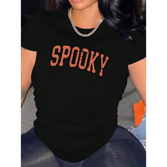 Everyday Comfort) Women's Casual Crew Neck T-Shirt with "SPOOKY" Print, Polyester 95% Spandex 5%, Medium Stretch Knit Fabric, All-Season Fashion Top, Holiday Fashion Top | Spooky Casual Style | Machi