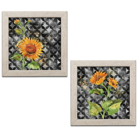 Gango Home Decor Modern Arianna Sunflowers I & II; Two 12x12in Art Prints in Distressed White Frames