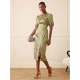 thumbnail image 3 of Elegant Yellow Silk Satin Floral Jacquard Round Neck Midi Dress With Split Hem, 3 of 6