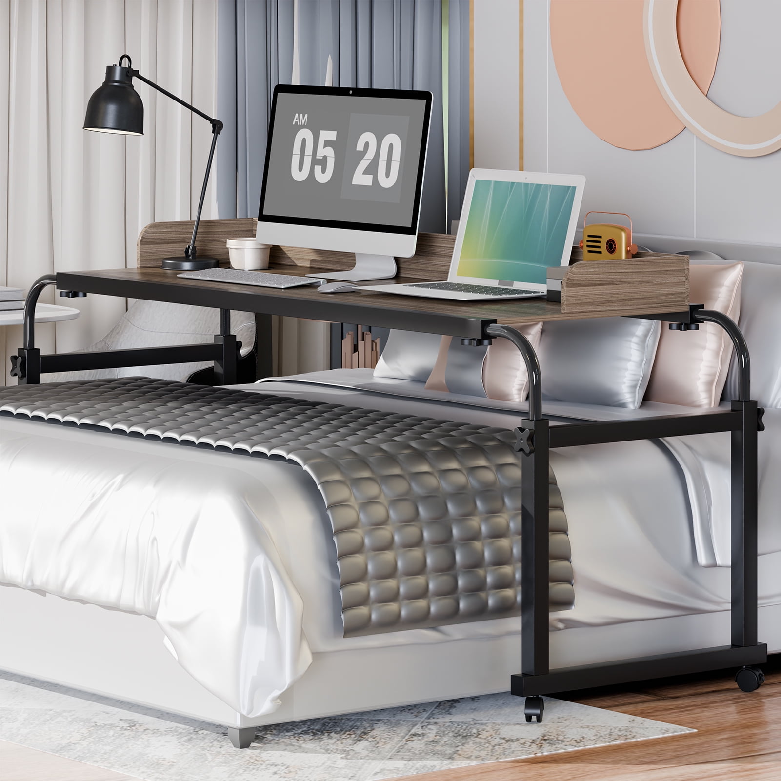 Hyasfey Standing Workstation Table,Overbed Table with 360 Degree Wheels, Mobile Bed Desk with Baffle, Cup Holder, Length Height Adjustable