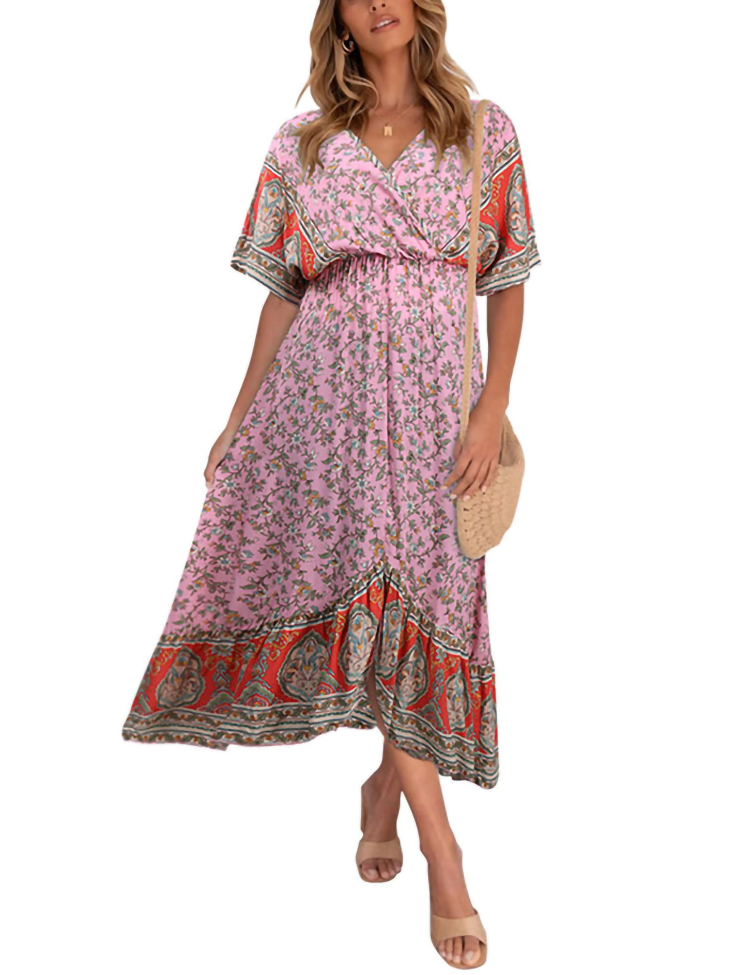 Foshow Womens Floral Maxi Dress 3/4 Sleeve Empire Waist Floor Length Boho Pleated Casual Dresses