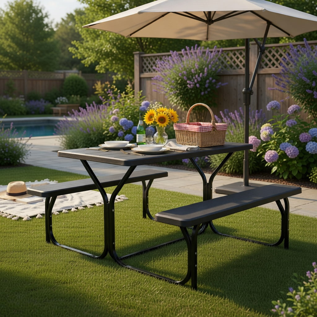 Hommoo Heavy-Duty HDPE Outdoor Picnic Table & Bench Set, Weather-Resistant, Stain-Proof, Black