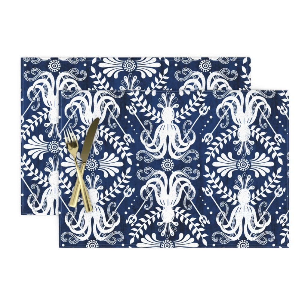 Linen Cotton Canvas Placemats (Set of 2) Nautical Damask Blue Octopus