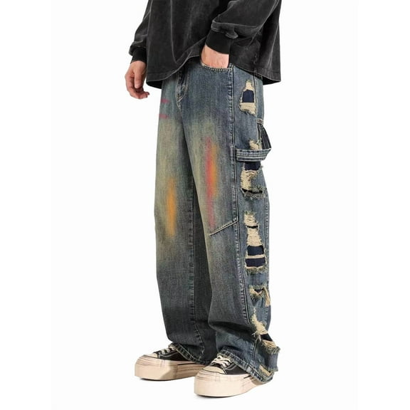 Men's Baggy Jeans Y2k Hip Hop Jeans Wide Leg Skater Denim Pants Casual Loose Fit Long Skateboard Trousers Streetwear