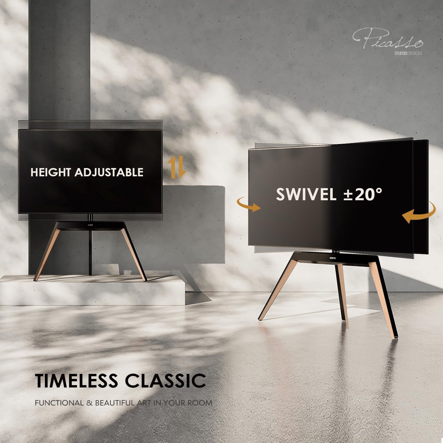FITUEYES Picasso Series Corner TV Stand for 55–78 Inch TVs, Black & Light Wood, Cable Management