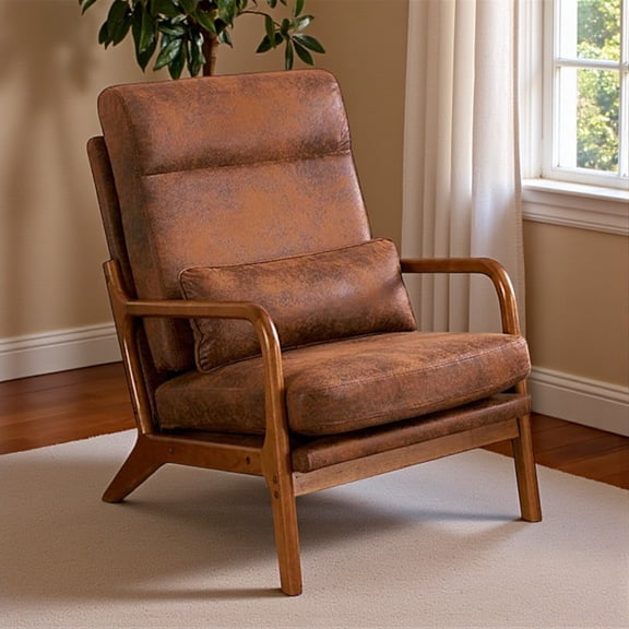 Tcbosik High Back Mid-Century Modern Armchair, Bronzing Cloth Upholstered Lounge Chair with Solid Wood Frame and Waist Pillow for Living Room, Study, or Balcony (Brown)