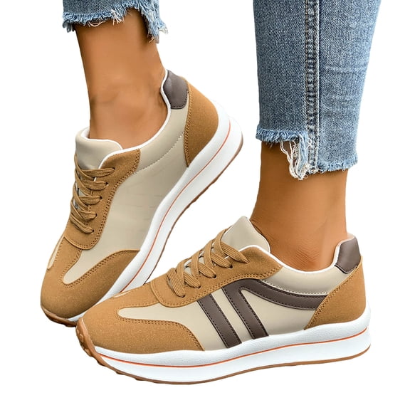Rokment Platform Running Shoes Fashion Sneakers for Women Comfortable Trendy Casual Color Block Suede Leather Chunky Non Slip Walking Tennis Skate Shoes Brown Size 5.5