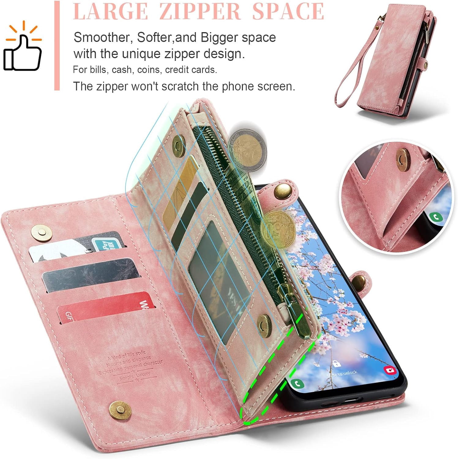 Phone Case for Samsung Galaxy A14 5G Zipper Wallet Detachable Cover with Tempered Glass Screen Protector and Leather Flip Credit Cash Card Holder Cell Accessories A 14 4G 14A G5 Women Men Pink