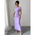 thumbnail image 3 of Purple Off-The-Shoulder Ruched Waist Bodycon Maxi Dress For Women, 3 of 6
