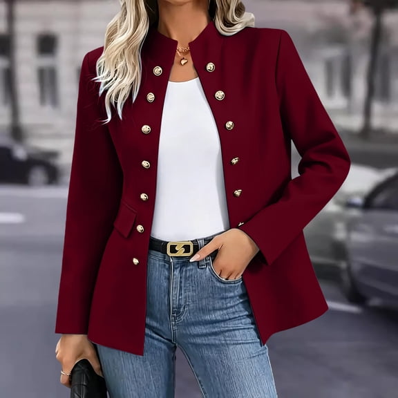 Lepsheexh 2026 Women's Blazer Jackets Womens Fashion Business Casual Solid Color Work Coats with Pockets Double-breasted Stand-up Collar Blazers