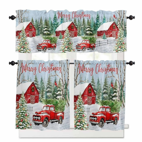Christmas Red Barn Truck Kitchen Curtains and Valances Set, Winter Xmas Tree Snowflake Cardinal Rod Pocket Window Valance Window Curtain Panels for Living Room Bedroom Laundry, 27.5x24in, 3 Pieces