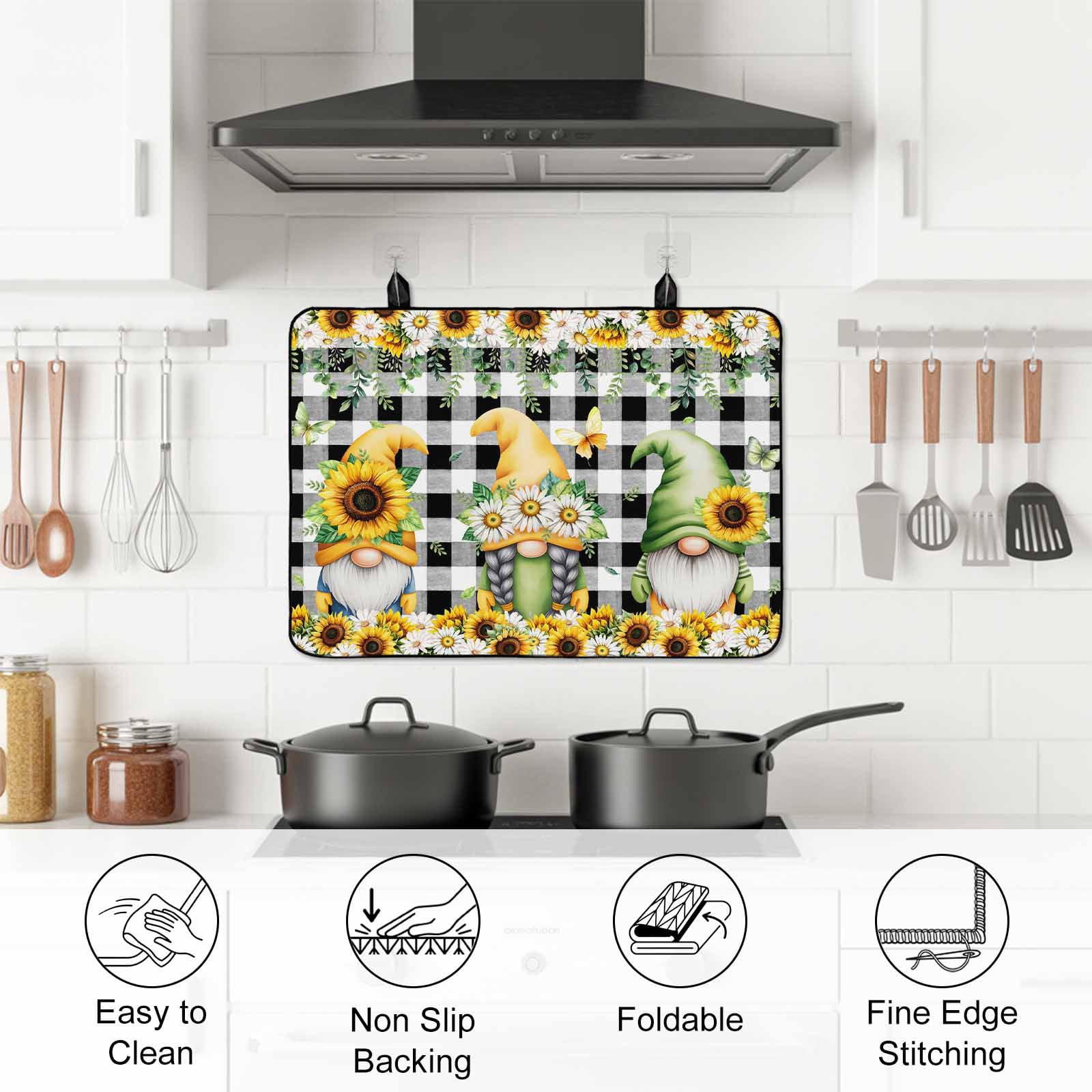 Spring Gnomes Stove Top Cover for Electric Stove, Heat-proof & Non Slip Glass Top Stove Cover Protector, Botanical Budding Sunflowers Buffalo Plaid Kitchen Flat Cooktop Rubber Mat 24x21 Inches