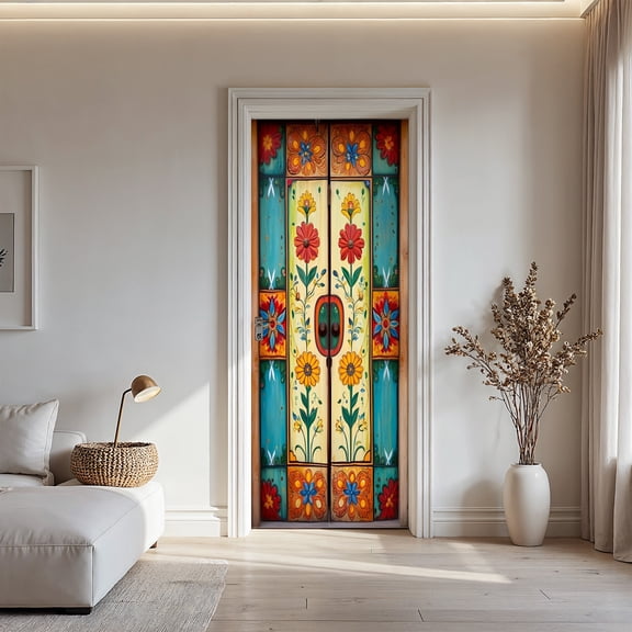 Vibrant Mexican Talavera Floral Door Sticker - Self-Adhesive PVC Colorful Folk Art Decal for Living Room, Kitchen & Wall Decor