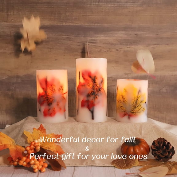 Fall Flameless Candles, Battery-Operated Fall LED Candles with Remote and Timer, Autumn Theme Pillar Candle Embedded with Maple Leaves for Fall Party Decorations, Holiday Dcor