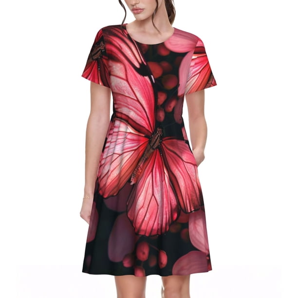 Fotbe pink butterfly Vestido Largo de Moda para Mujer, Vestido Tipo Camiseta con Manga Corta y Estilo Casual a Rayas y Bloques de Color